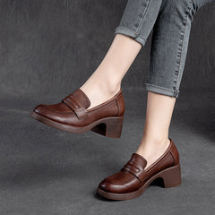 Women Retro Handcraft Soft Leather Chunky Heel Loafers Newgew Shoes