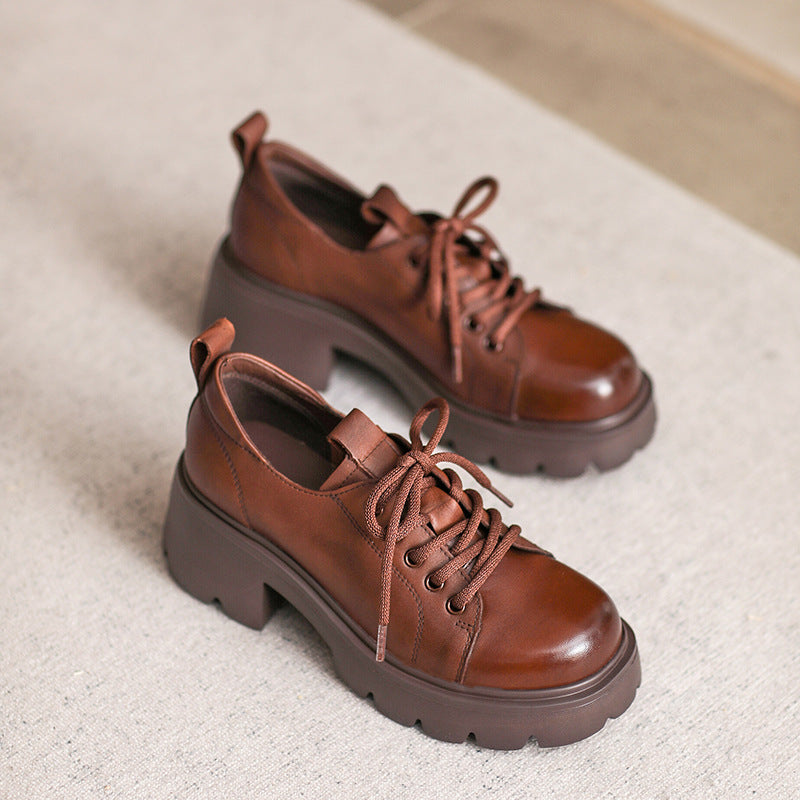 Women Retro Leather Chunky Platform Casual Shoes Newgew Shoes