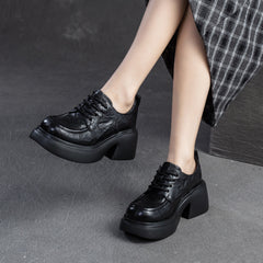 Women Retro Leather Chunky Heel Casual Loafers Newgew Shoes