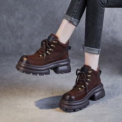 Women Retro Leather Chunky Platform Ankle Boots Newgew Shoes