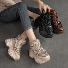 Women Retro Solid Leather Platform Dad Sneakers Newgew Shoes