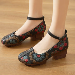 Women Retro Floral Leather Wedge Square Sole Pumps Newgew Shoes