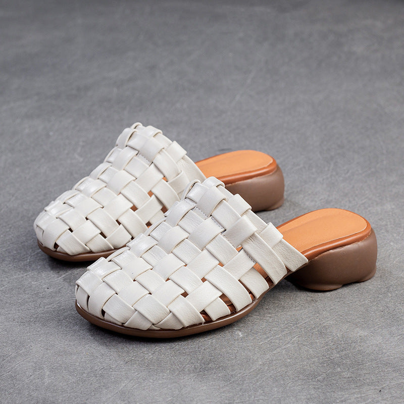 Women Handmade Plaited Leather Low Block Slides Sandals Newgew Shoes