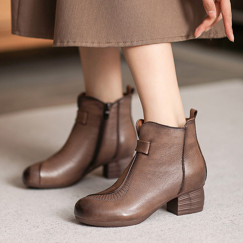 Women Casual Vintage Leather Chunky Heel Ankle Boots Newgew Shoes