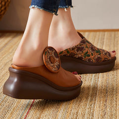 Women Retro Patchwork Cowhide Wedge Slides Newgew Shoes