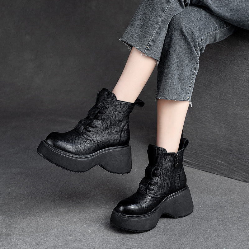 Women Retro Minimalist Leather Chunky Platform Boots Newgew Shoes