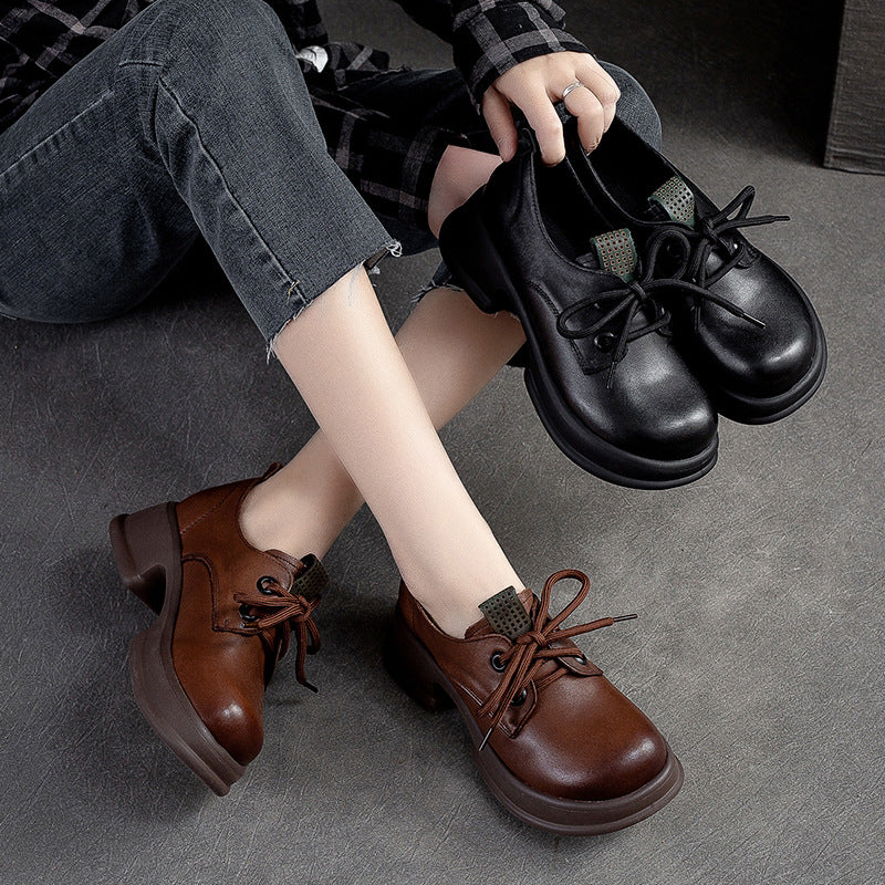 Women Retro Leather Chunky Platform Casual Shoes Newgew Shoes