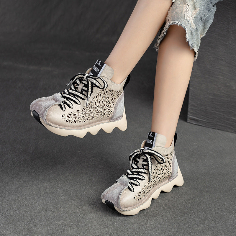 Women Retro Hollow Leather Lug Sole Ankle Boots Newgew Shoes