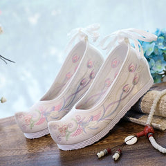 Women's Elevated Embroidered Antique Cloth Warped Head Ancient Costume Bow Canvas Shoes Newgew