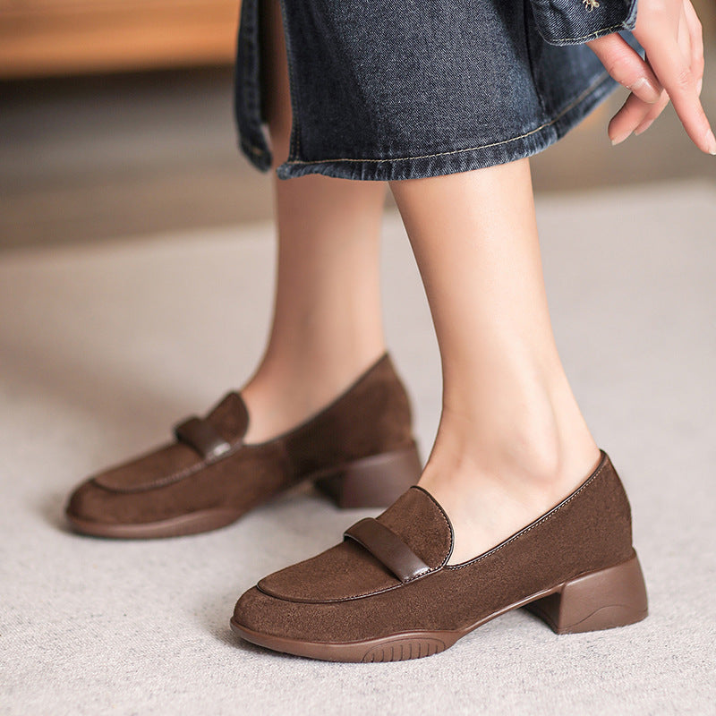 Women Retro Leather Minimliast Chunky Heel Loafers Newgew Shoes