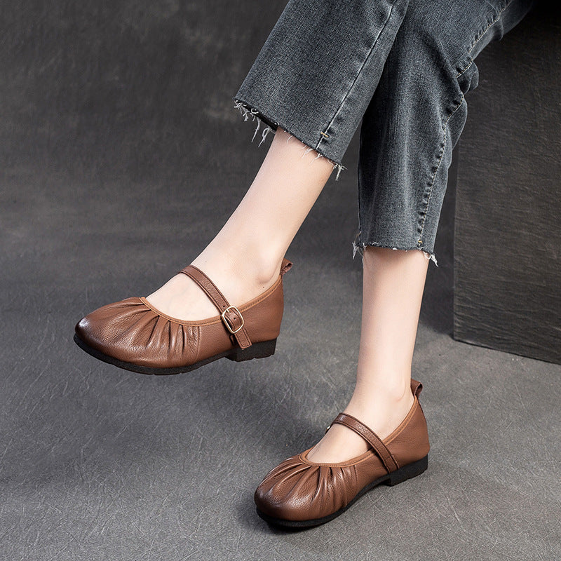 Women Retro Pleated Leather Soft Casual Flats Newgew Shoes