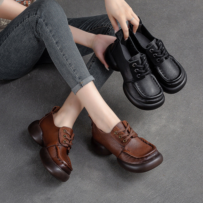 Women Retro Soft Leather Thick Soled Casual Shoes Newgew Shoes