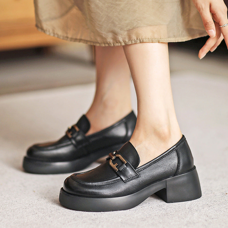 Women Retro Leather Chunky Heel Casual Loafers Newgew Shoes