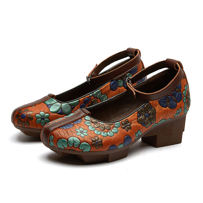 Women Retro Floral Leather Wedge Square Sole Pumps Newgew Shoes