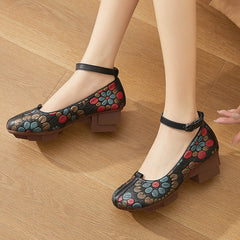 Women Retro Floral Leather Wedge Square Sole Pumps Newgew Shoes