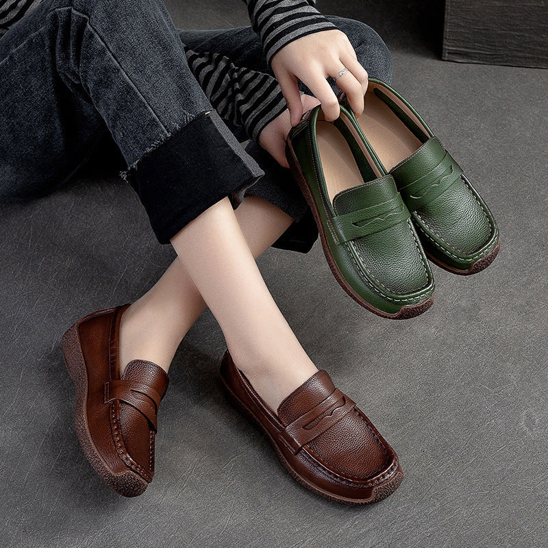 Women Retro Solid Leather Flat Casual Loafers Newgew Shoes