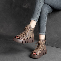 Women Leather Peep Toe Casual Platform Sandals Newgew Shoes