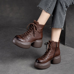 Women Retro Leather Casual Chunky Heel Boots Newgew Shoes