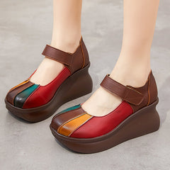 Women Color Matching Leather Casual Wedge Loafers Newgew Shoes