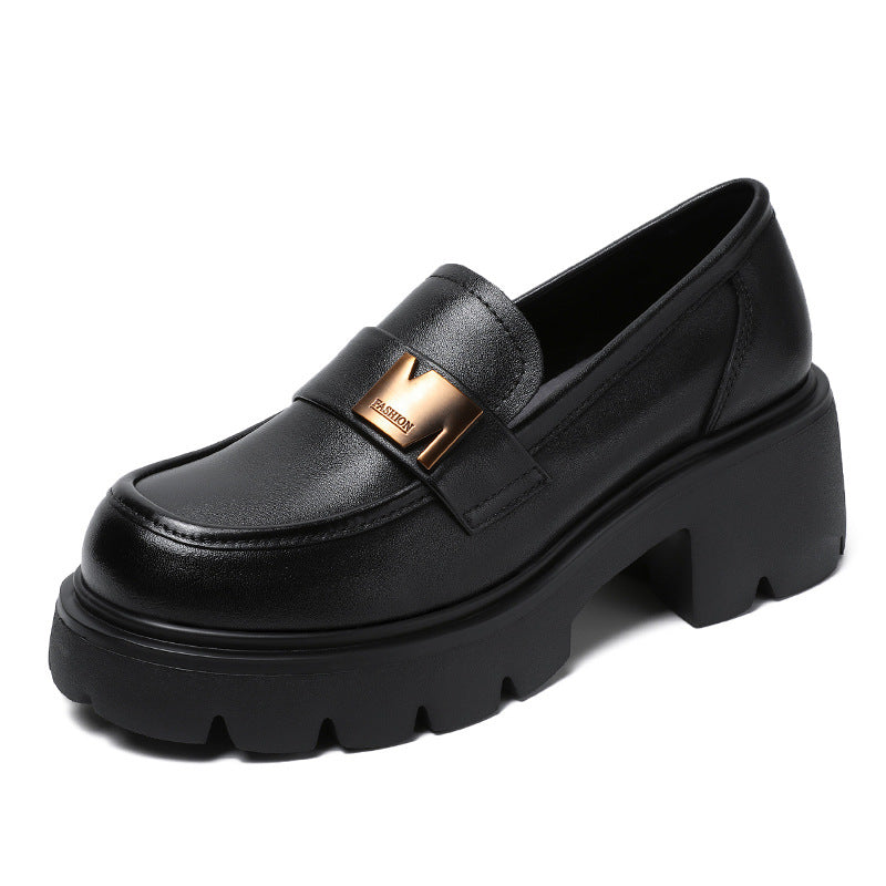 Women Retro Leather Casual Chunky Heel Loafers Newgew Shoes