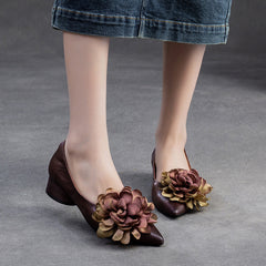 Women Retro Casual Flower Leather Low Block Pumps Newgew Shoes