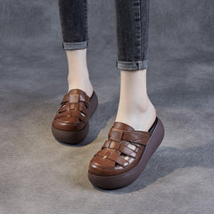 Women Retro Hollow Plaited Leather Wedge Slides Newgew Shoes