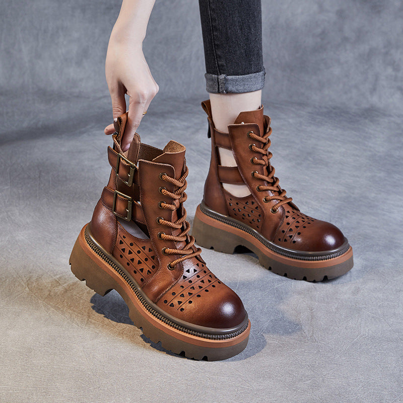 Women Retro Hollow Cutout Leather Boots Newgew Shoes