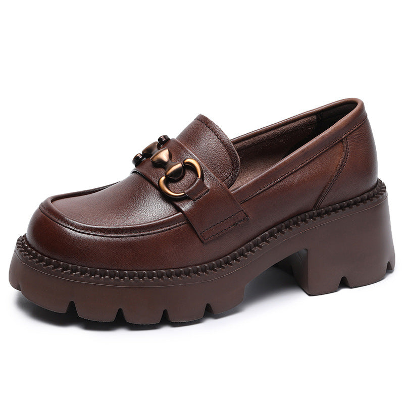 Women Retro Soft Leather Chunky Heel Loafers Newgew Shoes