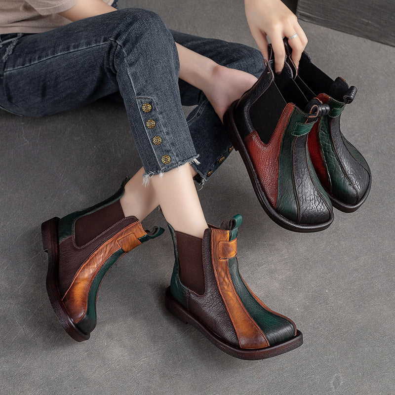 Women Color Matching Leather Comfort Flat Boots Newgew Shoes