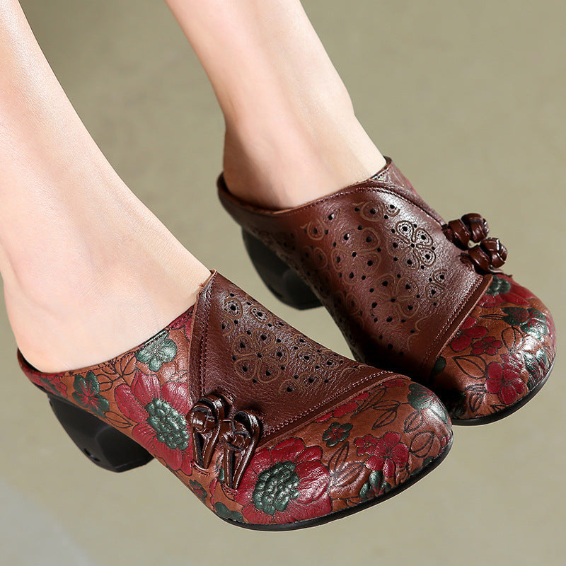 Women Retro Hollow Cowhide Casual Mules Newgew Shoes