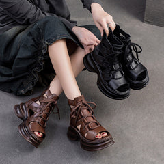 Women Retro High Top Leather Platform Sandals Newgew Shoes