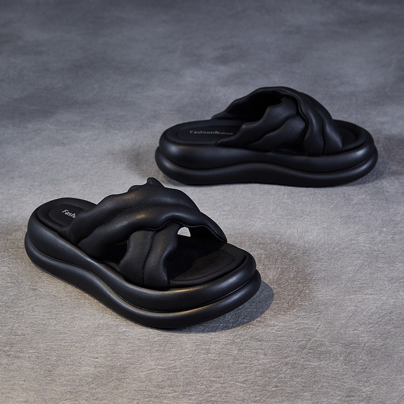 Women Leather Minimlist Thick Soled Soft Slides Newgew Shoes