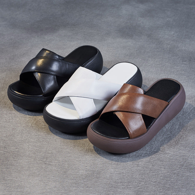 Women Leather Summer Casual Platform Slide Sandals Newgew Shoes