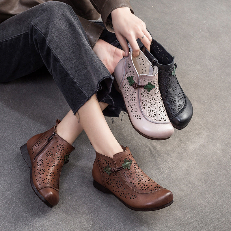 Women Retro Minimalist Hollow Leather Flat Ankle Boots Newgew Shoes