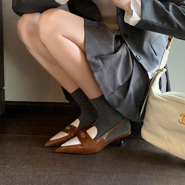 Genuine Leather Color Matching Pointed Toe Slingback High Heels Newgew