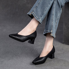 Women Retro Plaited Leather Chunky Heel Pumps Newgew Shoes