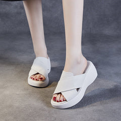 Women Minimalist Leather Chunky Wedge Slide Sandals Newgew Shoes