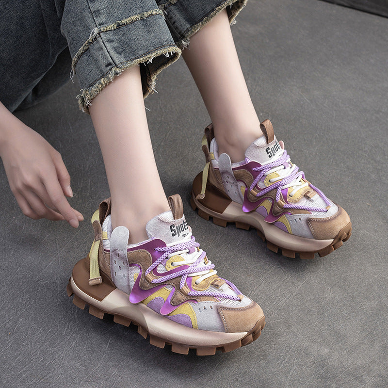 Women Patchwork Cowhide Leather Breathable Platform Shoes Newgew Shoes