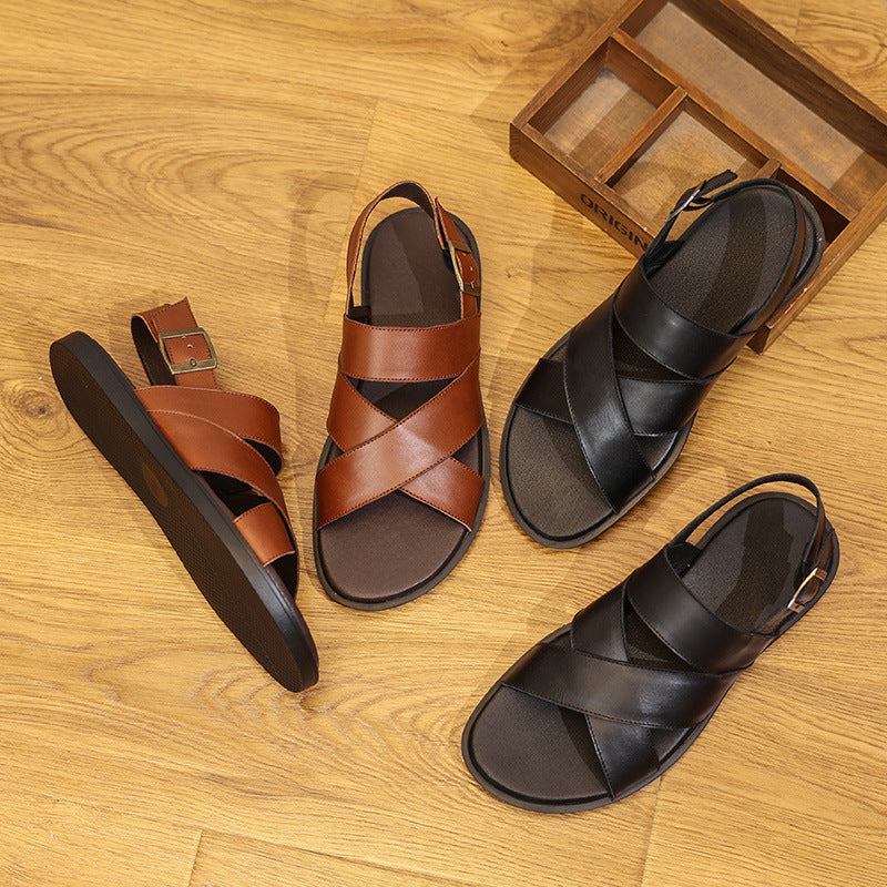 Men Casual Leather Buckled Flat Sandals Newgew Shoes