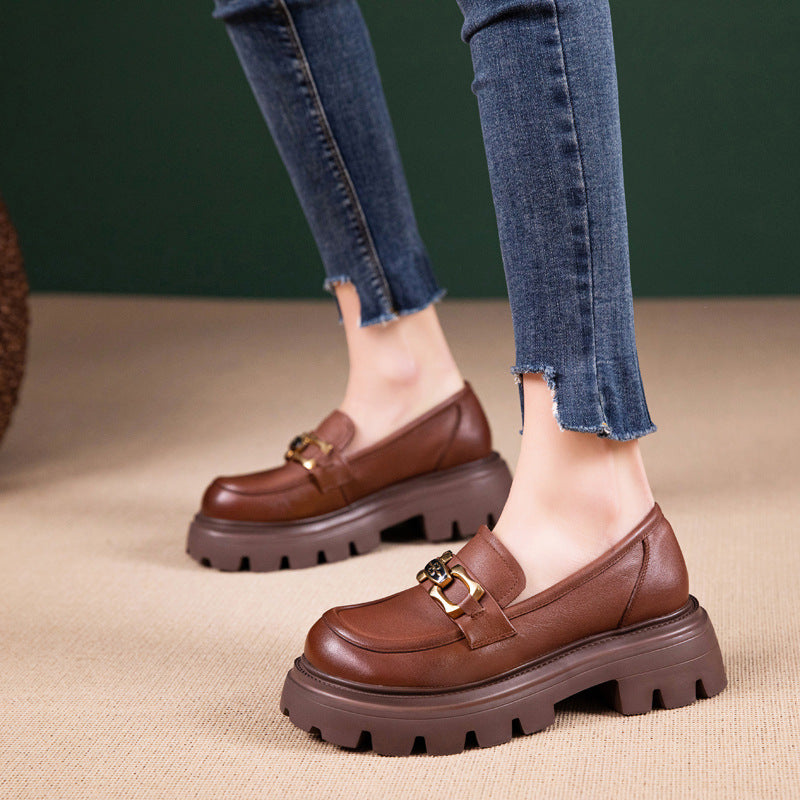 Women Retro Casual Cowhide Lug Sole Loafers Newgew Shoes