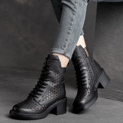 Women Retro Hollow Leather Patchwork Chunky Heel Boots Newgew Shoes