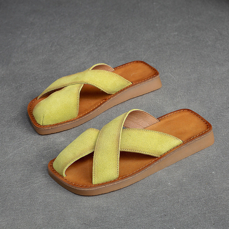 Women Retro Leather Flat Casual Slides Newgew Shoes