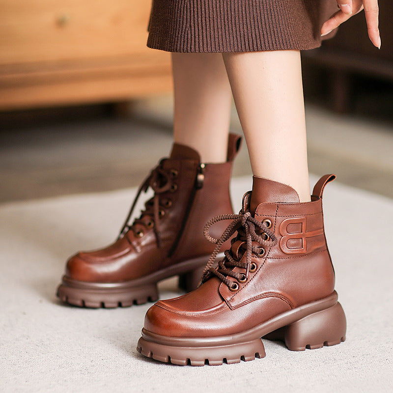 Women Retro Leather Chunky Platform Boots Newgew Shoes