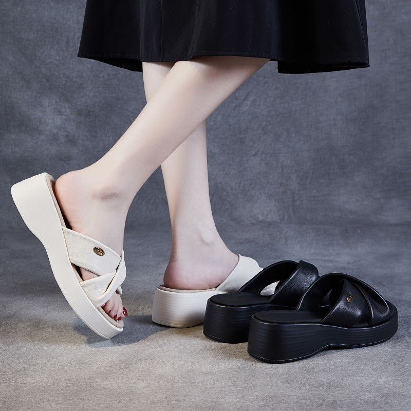 Women Casual Leather Soft Platform Slides Sandals Newgew Shoes