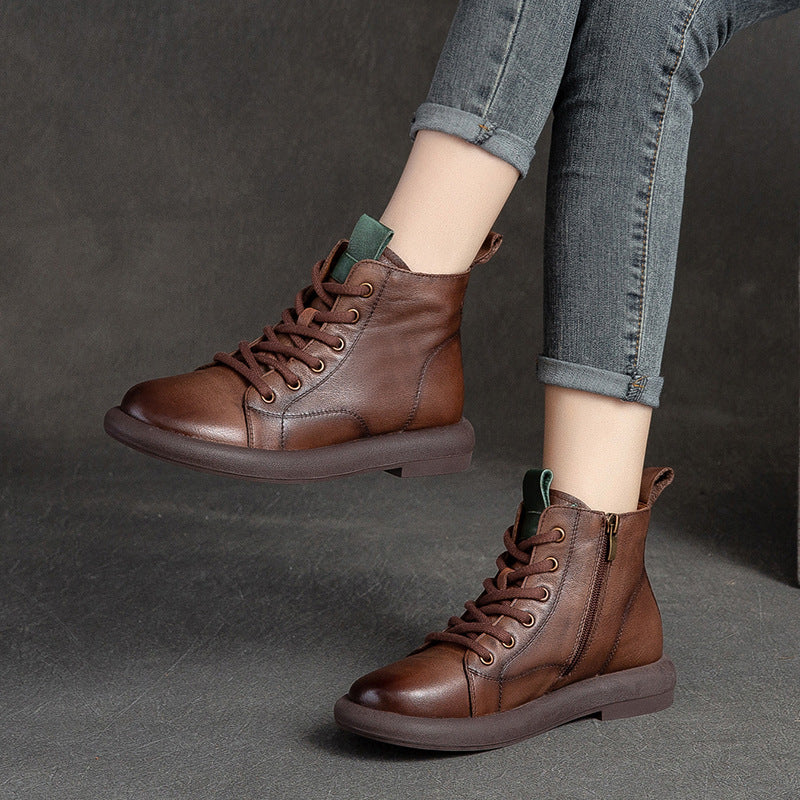 Women Retro Leather Casual Flat Ankle Boots Newgew Shoes