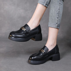 Women Retro Classic Leather Chunky Heel Loafers Newgew Shoes