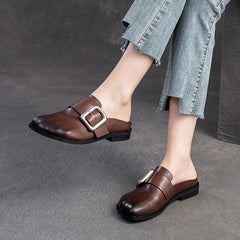 Women Retro Leather Casual Flat Mules Newgew Shoes