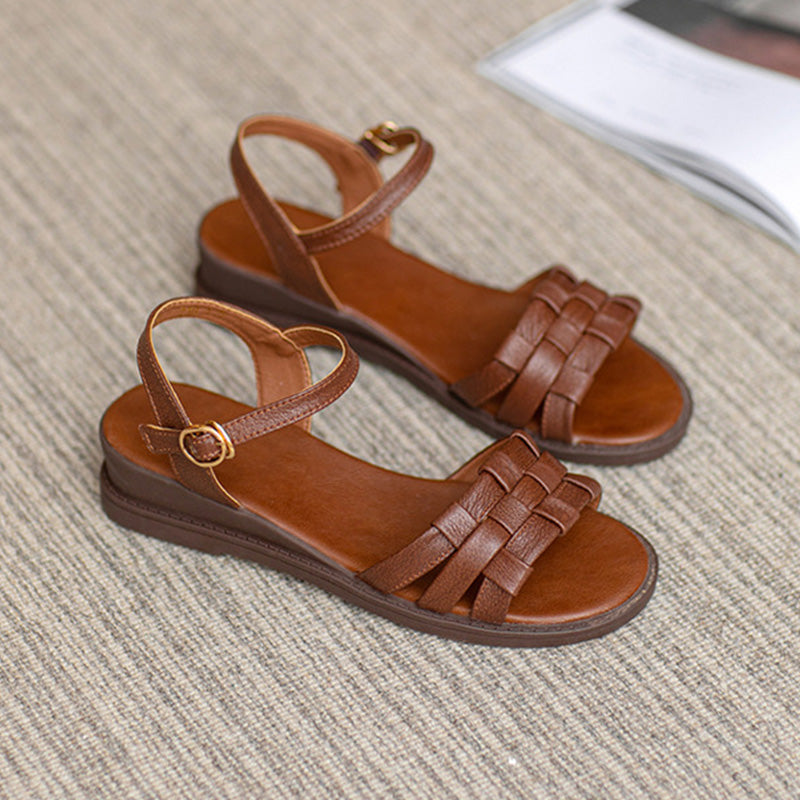 Women Retro Pliated Leather Low Wedge Sandals Newgew Shoes