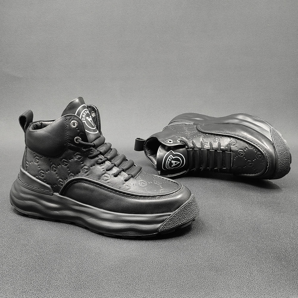 Men Stylish Figured Leather Thick Soled High Top Casual Shoes Newgew Shoes