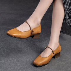 Women Retro Leather Casual Low Block Pumps Newgew Shoes